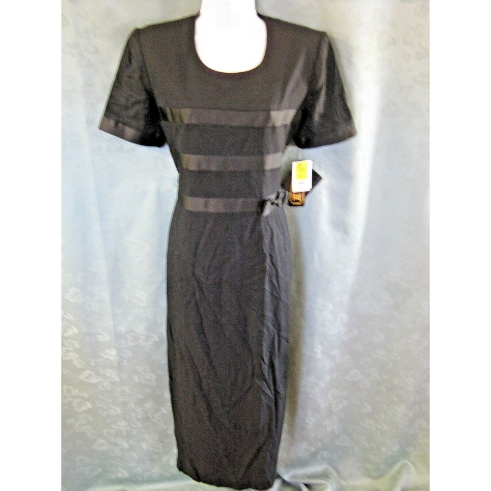 VTG 90's Virgo II Dress Size 8 Long LBD Ribbon Trim Faux Wrap Skirt